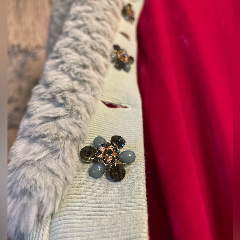 ARATTA Nellie Boho Luxe Mint Fur Jacket Satin Lined Crystal Buttons Boutique - Picture 13 of 16